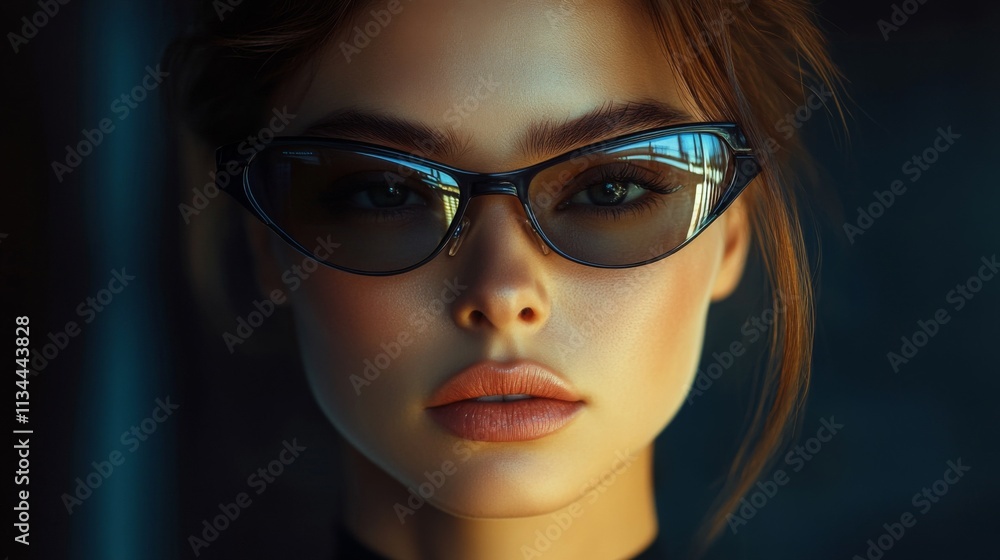 Stylish woman in sleek glasses posing in low-key lighting Stylish woman in sleek glasses posing in low-key lighting