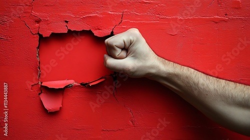 Clenched Fist Breaking Through a Red Textured Wall Surface photo