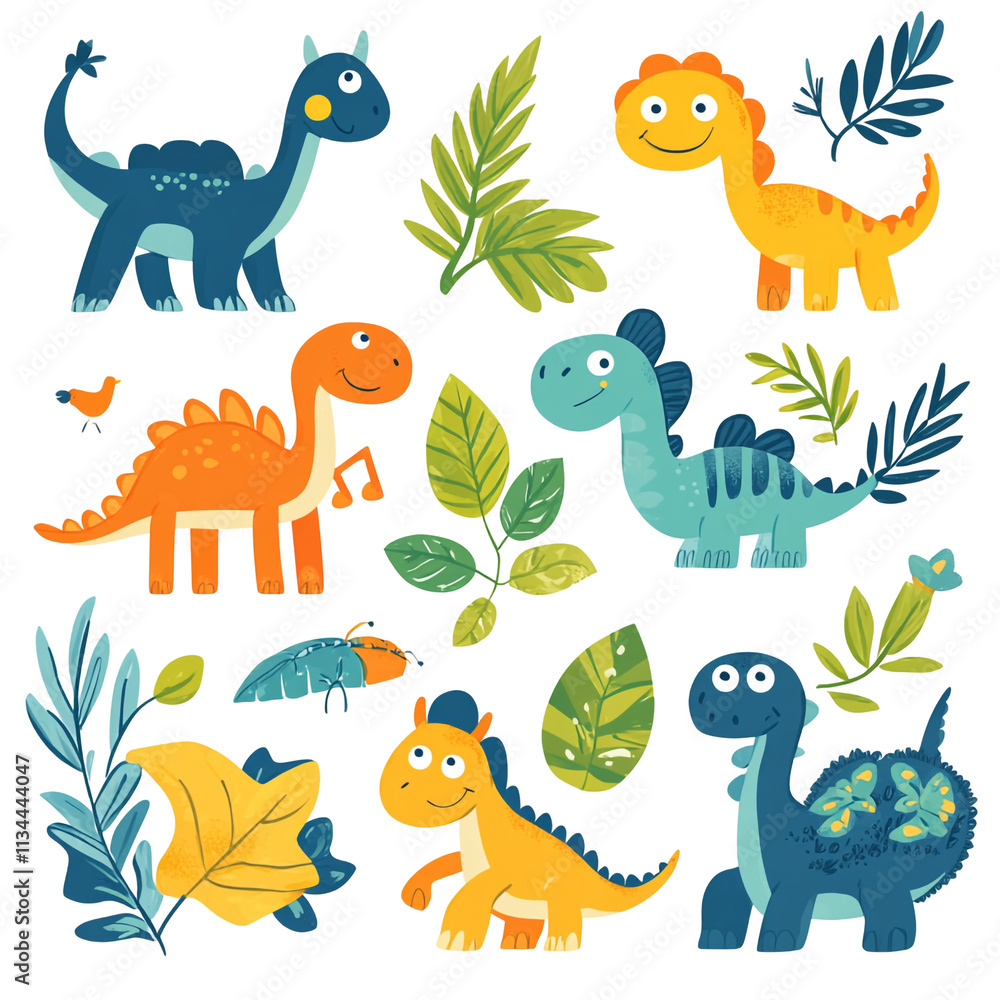 Obraz premium Adorable Dinosaurs in Tropical Paradise: A Delightful Illustration of Playful Dinosaurs Surrounded by Lush Tropical Foliage