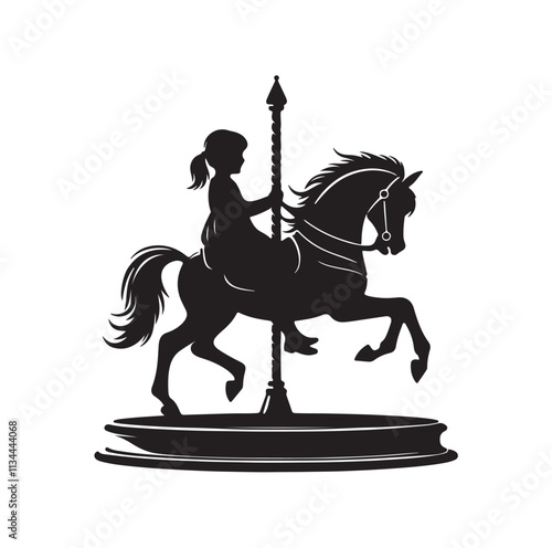 children riding horse on a carousel silhouette vector illustration