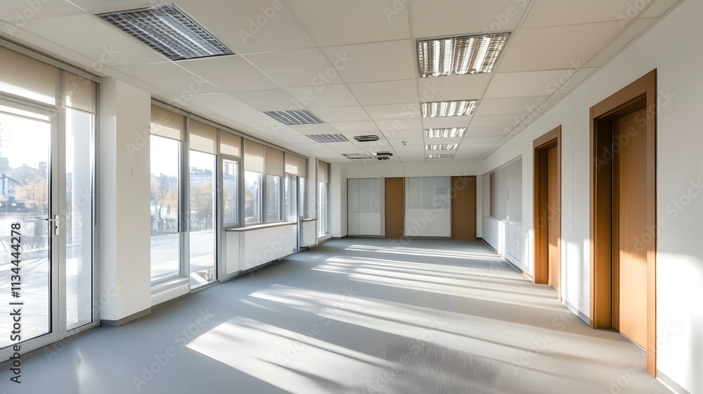 Empty Modern Office Hallway with Windows and Doors Empty Modern Office Hallway with Windows and Doors