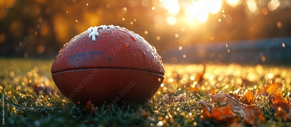 Wet football on autumn grass at sunset. Wet football on autumn grass at sunset.