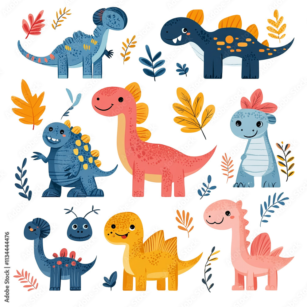 Fototapeta premium Adorable Cartoon Dinosaurs: A Delightful Collection of Colorful Prehistoric Creatures