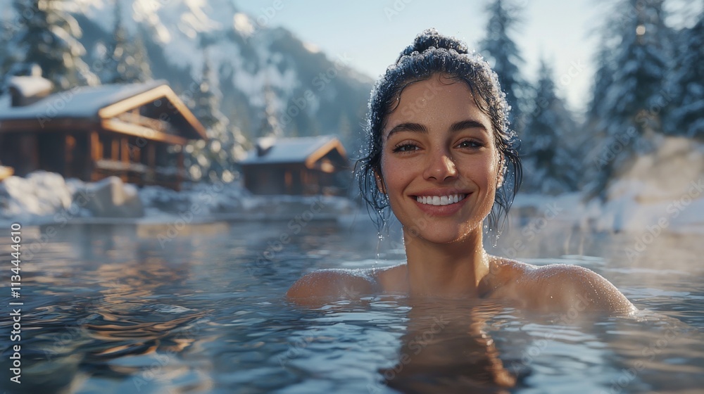 Smiling woman relaxing in a hot spring surrounded by snowy cabins Smiling woman relaxing in a hot spring surrounded by snowy cabins