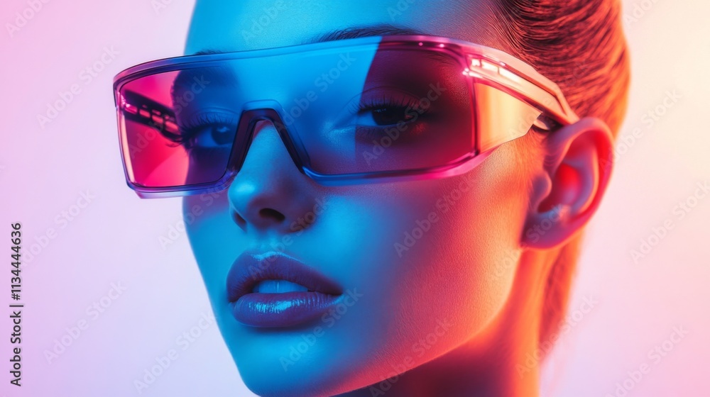 Stylish woman wearing glowing pink sunglasses in neon lighting Stylish woman wearing glowing pink sunglasses in neon lighting