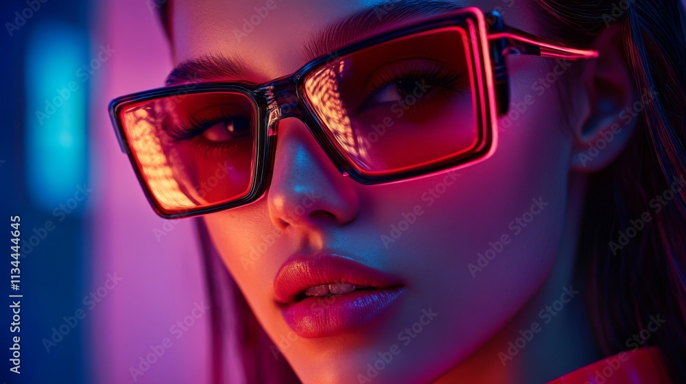 Stylish woman wearing glowing rectangular sunglasses in a vibrant neon background Stylish woman wearing glowing rectangular sunglasses in a vibrant neon background
