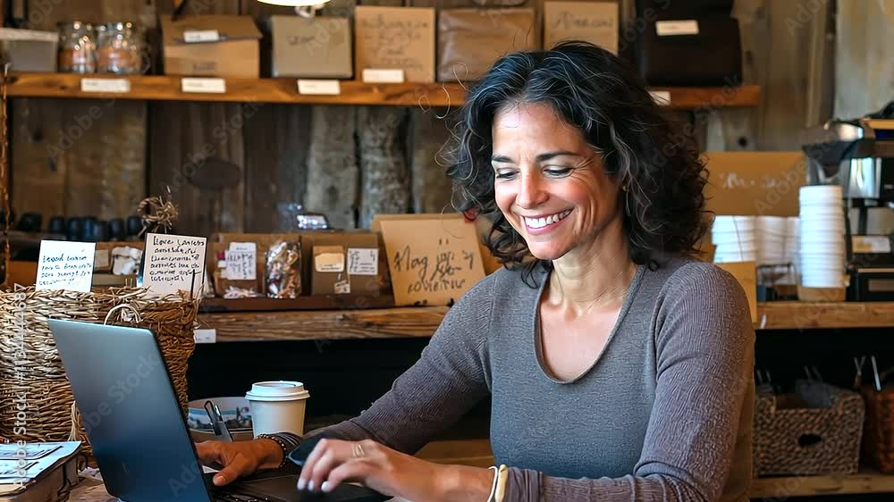 Small Business Owner at Desk with Smartphone in Cozy Shop Small Business Owner at Desk with Smartphone in Cozy Shop
