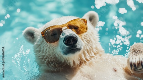 This polar bear enjoys soaking up the sun, basking with sunglasses on and reclining in an inflatable chair, evoking joy and leisurely summer relaxation. photo