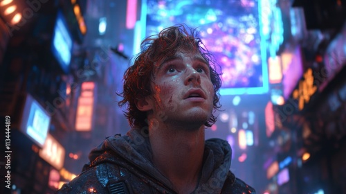 Young man looking upwards in a futuristic neon-lit city