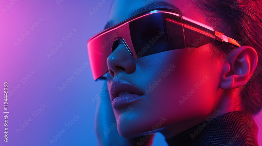 Futuristic woman in pink neon glasses with glowing vibrant lighting Futuristic woman in pink neon glasses with glowing vibrant lighting