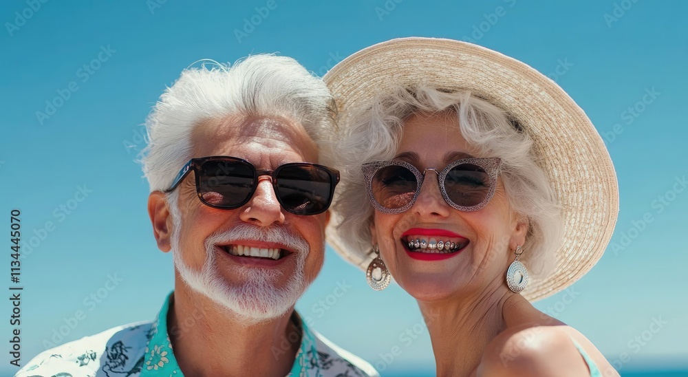 A happy senior couple on the beach, wearing sunglasses and smiling at camera, with blue sky in background A happy senior couple on the beach, wearing sunglasses and smiling at camera, with blue sky in background