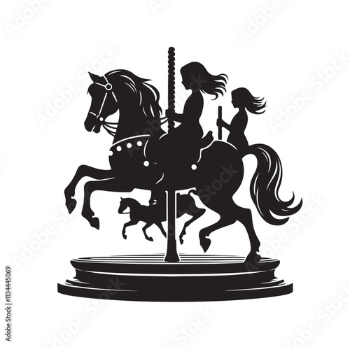 children riding horse on a carousel silhouette vector illustration