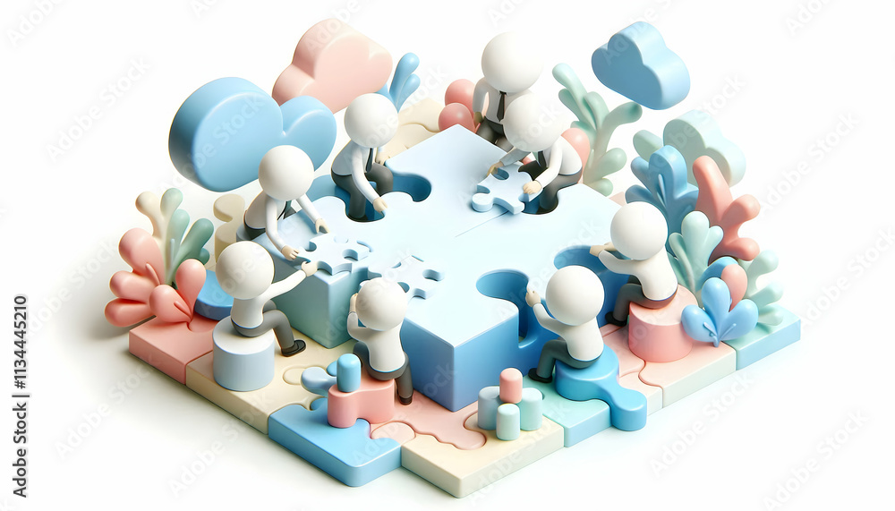 3D Soft abstract digital art with team members solving puzzle copy space below. concept as Team members solving a puzzle on a soft abstract digital art background representing collaboration and proble 3D Soft abstract digital art with team members solving puzzle copy space below. concept as Team members solving a puzzle on a soft abstract digital art background representing collaboration and proble