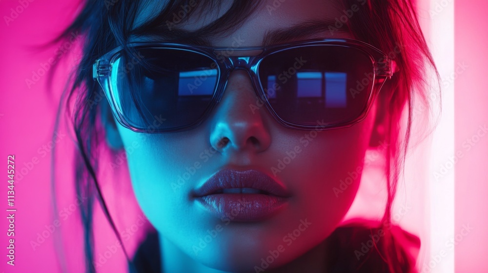 Close-up of a woman in blue futuristic sunglasses under neon lighting Close-up of a woman in blue futuristic sunglasses under neon lighting