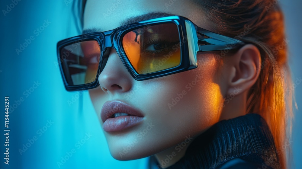 Stylish woman wearing orange futuristic sunglasses under vibrant blue lighting Stylish woman wearing orange futuristic sunglasses under vibrant blue lighting