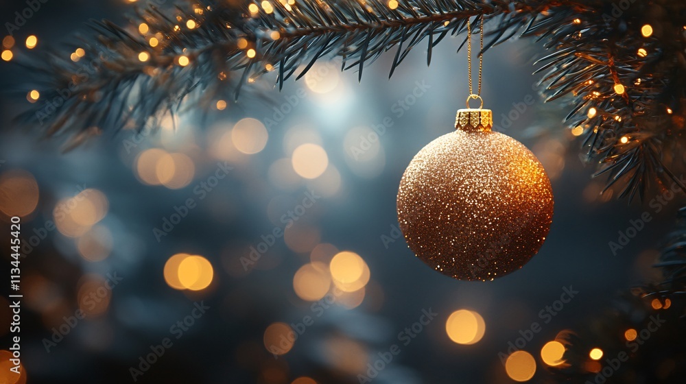 A shimmering golden ornament hangs from a Christmas tree branch, surrounded by soft, glowing lights, creating a warm festive atmosphere. A shimmering golden ornament hangs from a Christmas tree branch, surrounded by soft, glowing lights, creating a warm festive atmosphere.