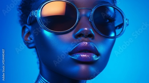 Stylish woman in oversized sunglasses with vibrant blue lighting