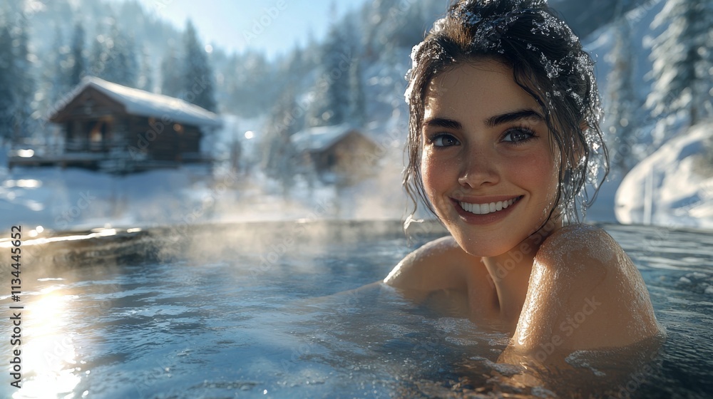 Smiling woman relaxing in a hot spring surrounded by snowy landscape Smiling woman relaxing in a hot spring surrounded by snowy landscape