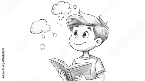 Black and White Sketches of a Teenage Boy with Thought Bubbles and Expressive Poses, Showcasing Curiosity, Imagination, and Youthful Creativity photo