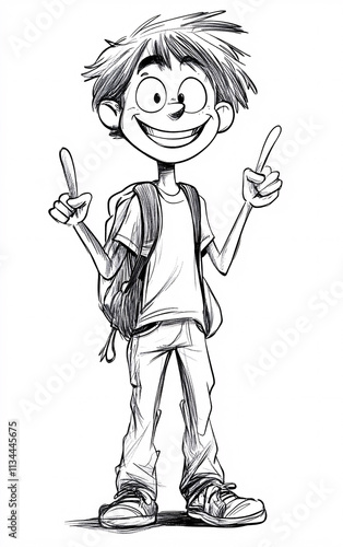 Black and White Sketches of a Teenage Boy with Thought Bubbles and Expressive Poses, Showcasing Curiosity, Imagination, and Youthful Creativity photo