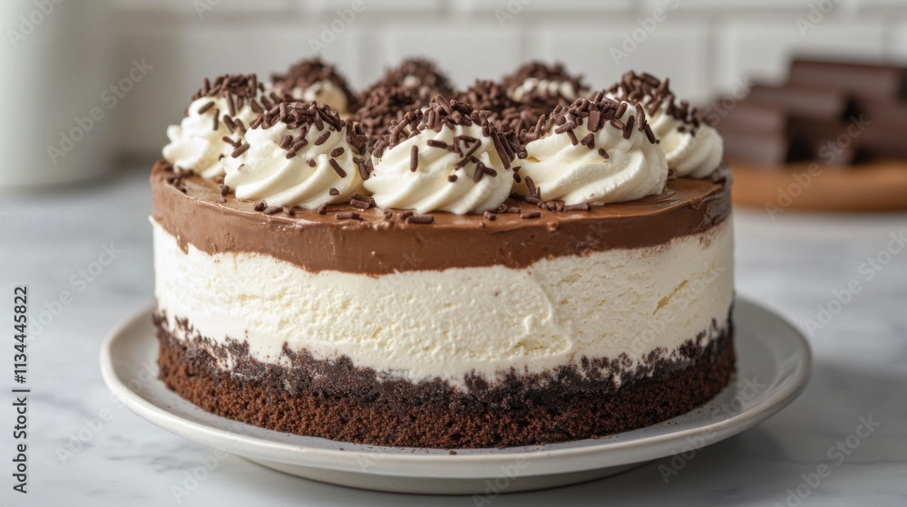 Close-up of a layered cake with creamy frosting and chocolate shavings Close-up of a layered cake with creamy frosting and chocolate shavings