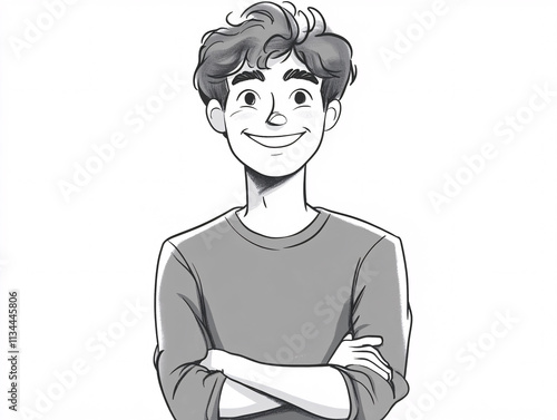 Black and White Sketches of a Teenage Boy with Thought Bubbles and Expressive Poses, Showcasing Curiosity, Imagination, and Youthful Creativity photo