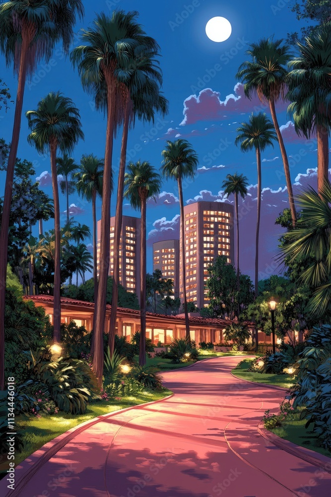 Fototapeta premium Tropical Resort Pathway Under Moonlight Illuminating Buildings