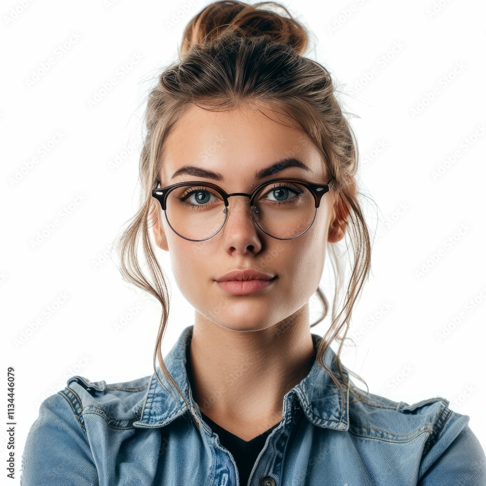Obraz premium Portrait of a confident young woman wearing stylish eyeglasses, showcasing a trendy and fashionable look