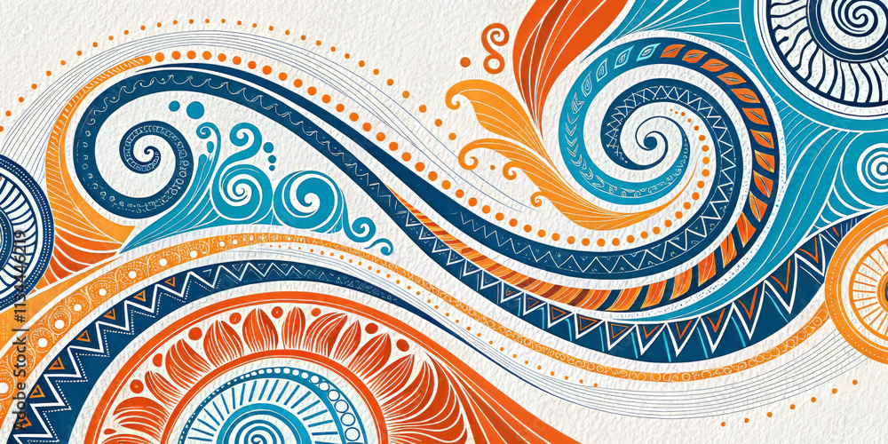 Fototapeta premium Vibrant swirling shapes and lines create dynamic op art pattern in blue and orange tones, evoking sense of movement and energy