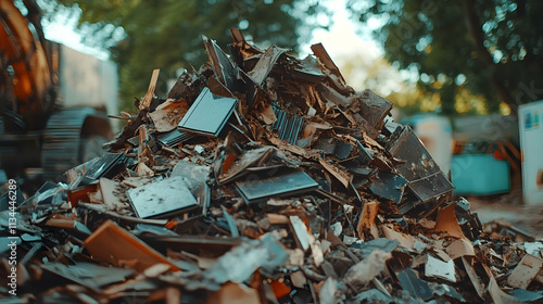 Pile of construction debris and waste materials outdoors.