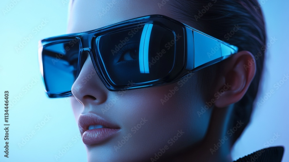 Portrait of a stylish woman wearing futuristic blue sunglasses Portrait of a stylish woman wearing futuristic blue sunglasses