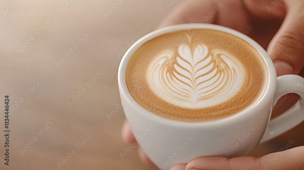A close-up of a hand holding a white cup of coffee with intricate latte art resembling a leaf pattern on the surface. A close-up of a hand holding a white cup of coffee with intricate latte art resembling a leaf pattern on the surface.