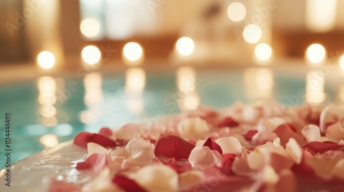 Rose petals float gracefully atop a calm and inviting spa pool, creating a scene of luxury, relaxation, and the subtleties of indulgence in tranquil surroundings. photo