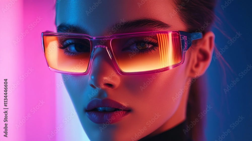 Close-up of a woman wearing futuristic orange sunglasses in pink lighting Close-up of a woman wearing futuristic orange sunglasses in pink lighting