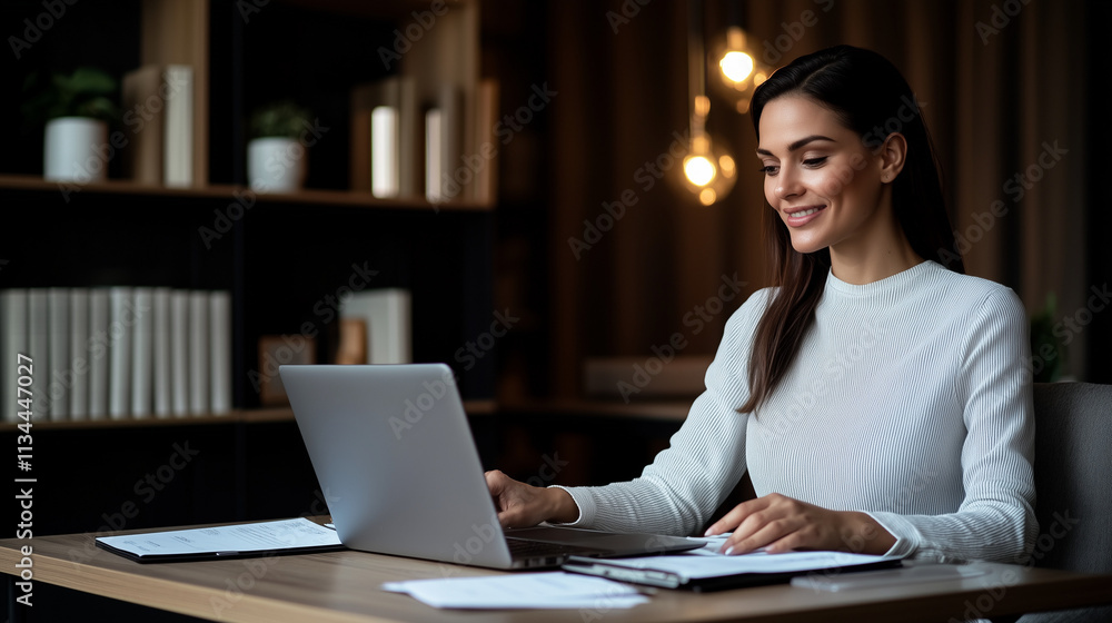 A businesswoman in a stylish home office on a video call, sitting at a desk with a laptop and documents. The background includes modern decor, bookshelves, and warm lighting. The setting feels profess A businesswoman in a stylish home office on a video call, sitting at a desk with a laptop and documents. The background includes modern decor, bookshelves, and warm lighting. The setting feels profess