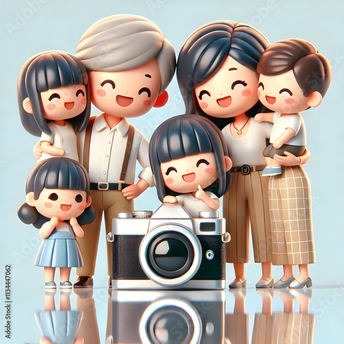 3D Family taking family portraits with camera capturing smiles and connection glossy background on left. concept as A joyful family taking family portraits with a camera capturing smiles and deep conn photo