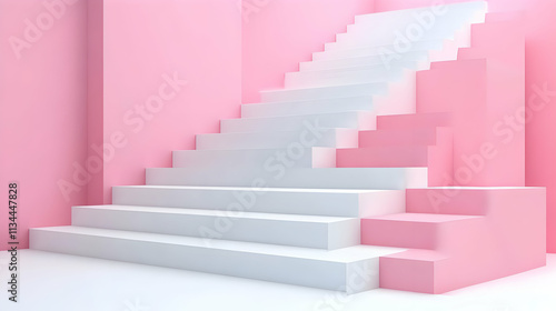 Pink and white stairs against a pink wall.