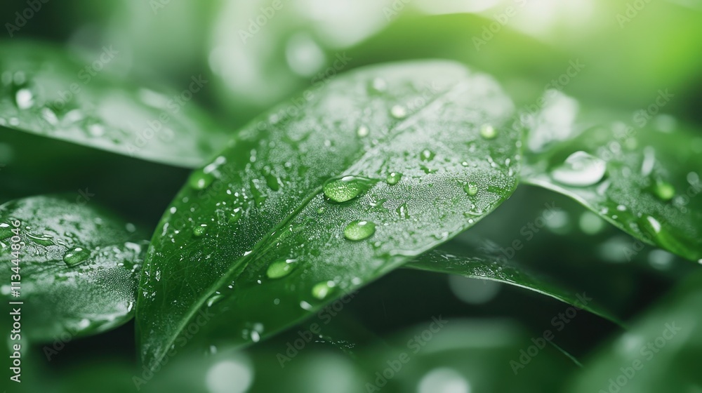 A close-up shot of rich, green leaves glistening with raindrops, embodying vitality and calm, and capturing the timeless beauty of nature's serene offerings.