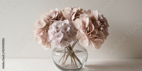 Exquisite Display of Fluffy Dried Hydrangeas in Soft Pastel Shades Perfectly Arranged in a Clear Vase for Home Decor photo