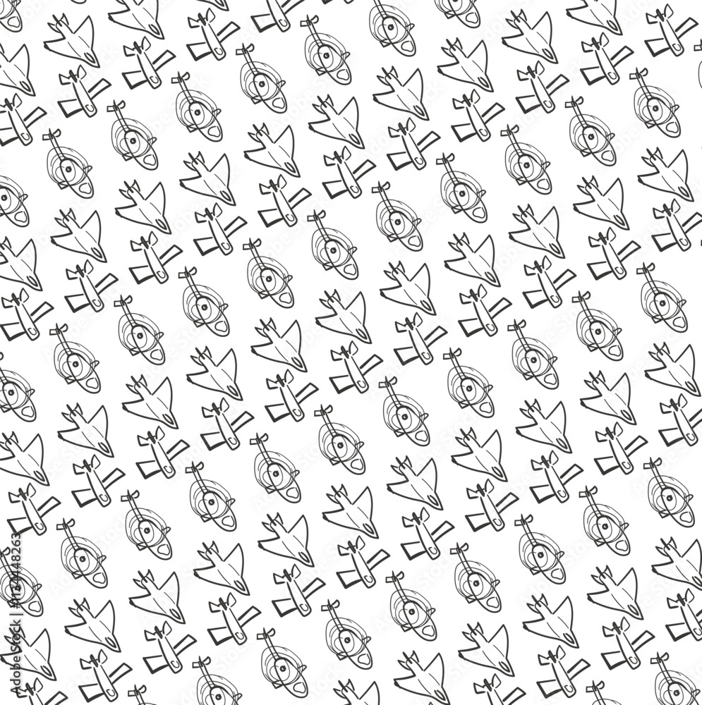 Fototapeta premium Airplanes, helicopters and fighter jets are repeated, creating a backdrop with a flying theme.