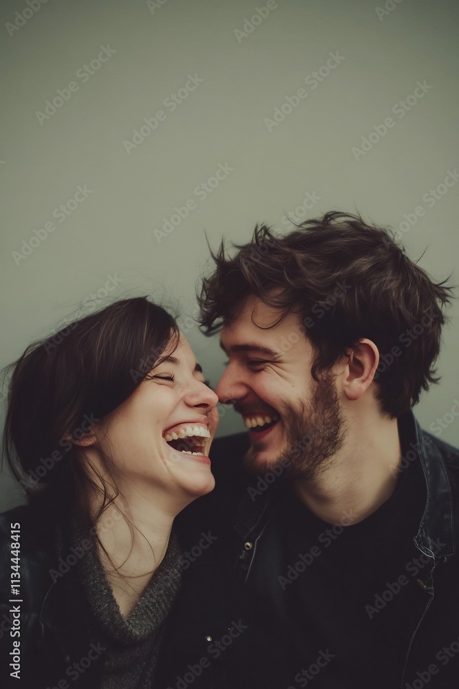 Affectionate Couple Laughing and Embracing against Minimalist Grey Background Affectionate Couple Laughing and Embracing against Minimalist Grey Background