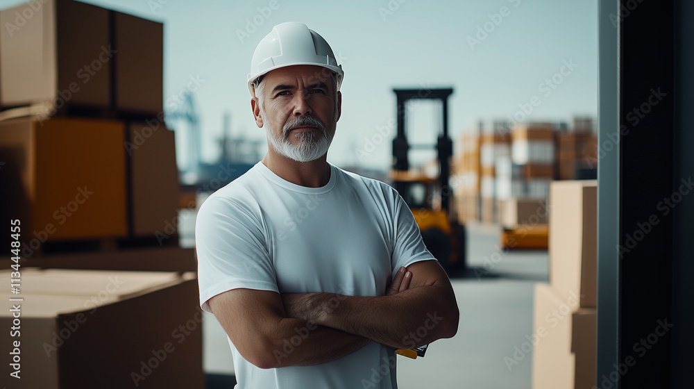 a construction foreman in a white t shirt and hardhat standing in a shipping yard, he is looking directly at the camera and holding a clipboard, big shipping boats loaded with crates are in the distan a construction foreman in a white t shirt and hardhat standing in a shipping yard, he is looking directly at the camera and holding a clipboard, big shipping boats loaded with crates are in the distan