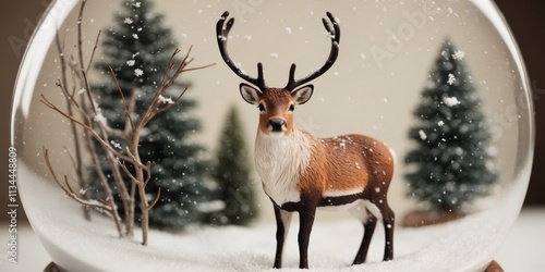 A snow globe features a majestic reindeer standing in a snowy landscape photo