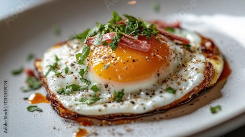 A vividly sunny egg garnished with finely sliced bacon and fresh herbs, resting on a seamless plate, perfectly capturing the ideal breakfast moment. photo