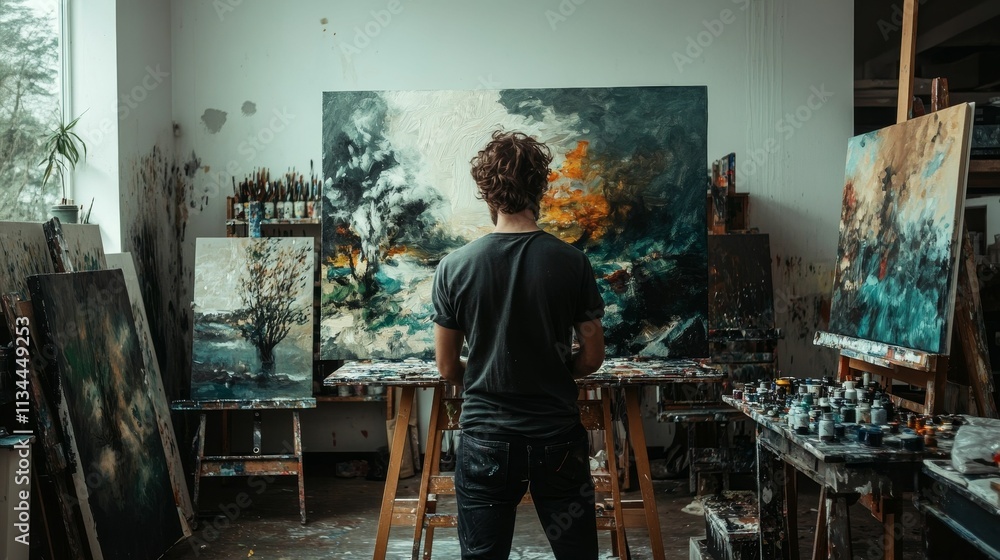 Artist viewing large abstract painting, cluttered studio. Artist viewing large abstract painting, cluttered studio.