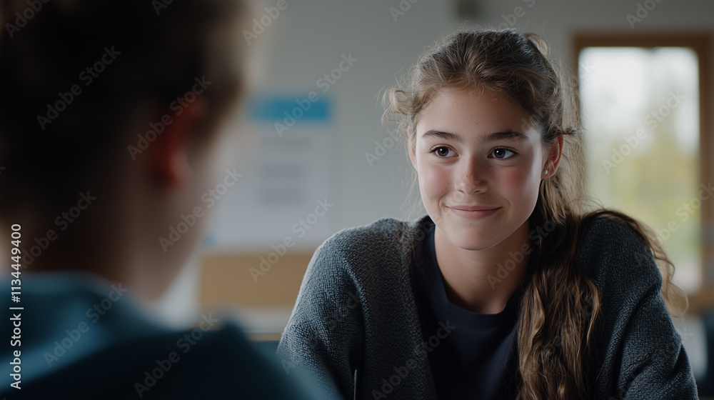 A young woman high school counselor sitting across from a student in a bright, welcoming room. The counselor appears attentive and supportive, with educational materials subtly visible in the backgrou A young woman high school counselor sitting across from a student in a bright, welcoming room. The counselor appears attentive and supportive, with educational materials subtly visible in the backgrou