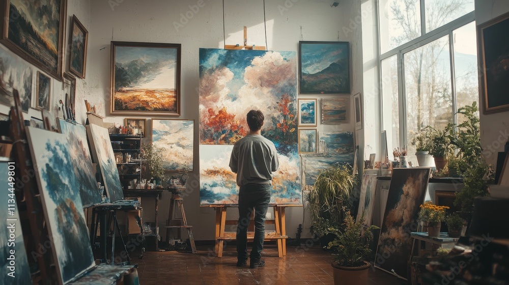 Artist paints in studio, surrounded by artwork. Artist paints in studio, surrounded by artwork.
