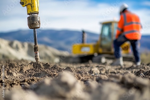 Geotechnical Engineer Analyzing Soil Samples at Field Site with Drilling Equipment