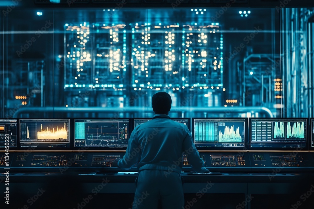 Nuclear Engineer Monitoring Reactor Systems in Control Room Dashboard Nuclear Engineer Monitoring Reactor Systems in Control Room Dashboard