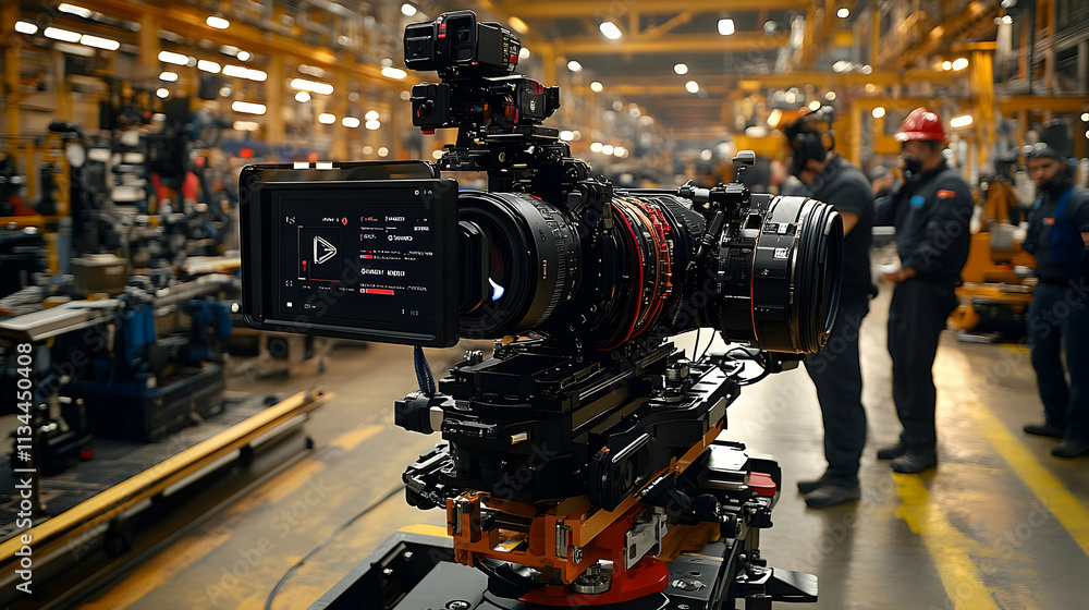Professional film camera on set in industrial factory. Professional film camera on set in industrial factory.
